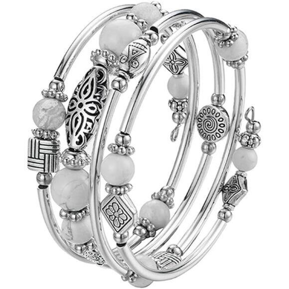 Layered Silver Wrap Bracelet - Beaded Bangle with Natural Agate Stone, Gifts - Picture 3 of 7